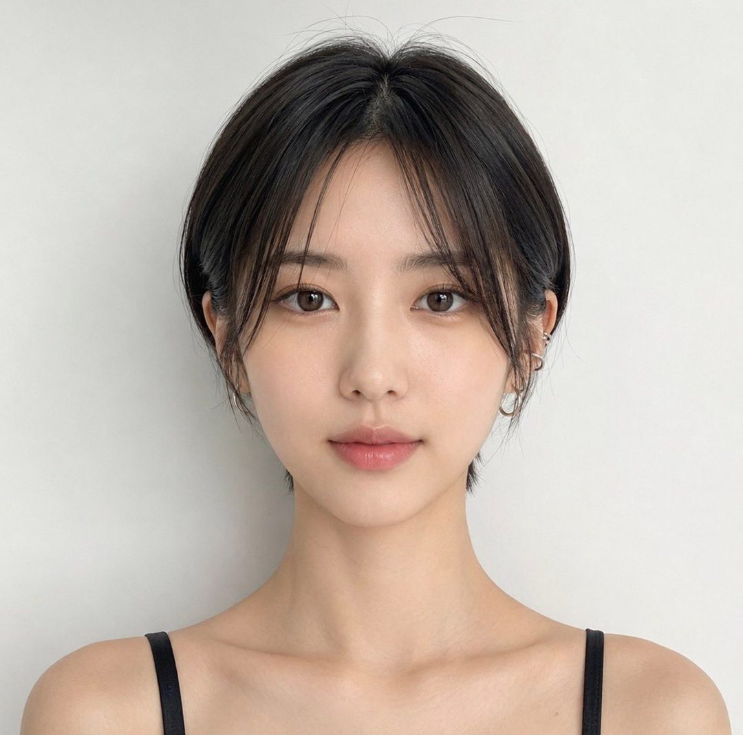 A photorealistic portrait of a young East Asian woman with short black hair and bangs, wearing a black tank top, against a plain white background.