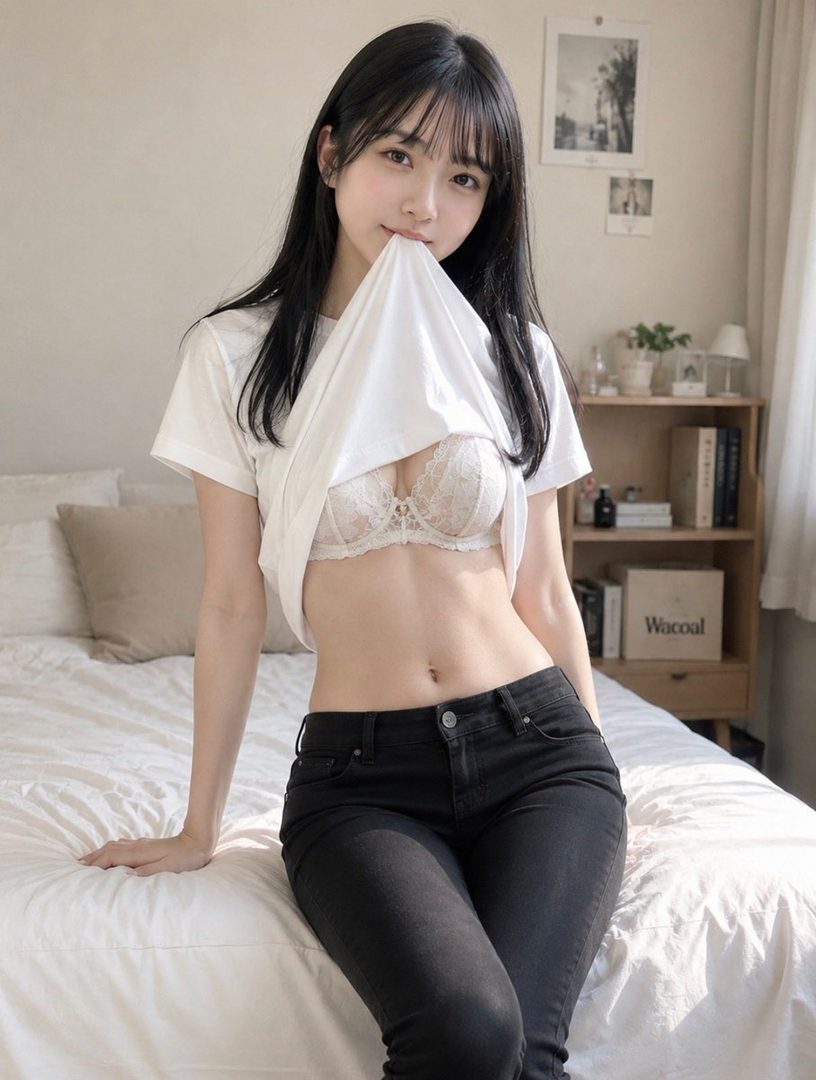 A young East Asian woman with long black hair and bangs, wearing a white t-shirt and black jeans, sits on a bed, lifting her shirt to reveal a white lace bra. She has a cute and playful expression.