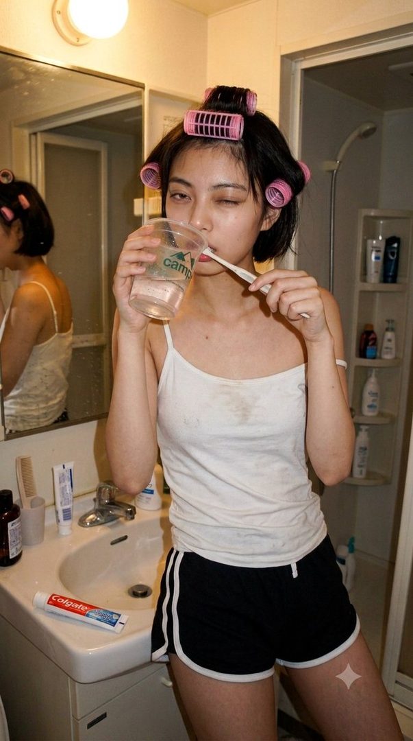 A young woman with pink hair rollers in her short black hair, wearing a white tank top and black shorts, brushes her teeth in a bathroom.