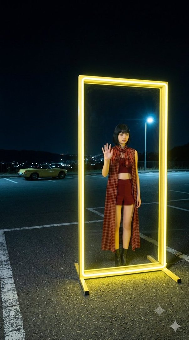 A young woman with short black hair stands in a glowing yellow frame at night, wearing a red outfit and a long plaid vest, with a vintage car in the background.