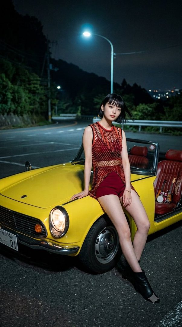 A young woman with short black hair and bangs, wearing a red mesh top and red shorts, poses next to a yellow convertible car at night on a road.
