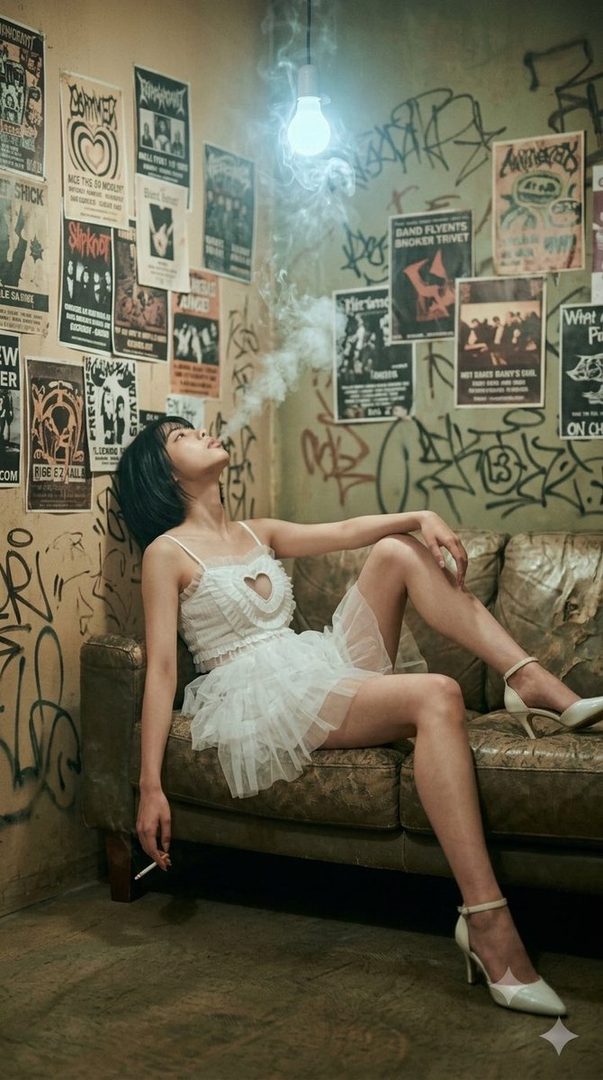 A young woman with short black hair sits on a couch in a room decorated with band posters and graffiti, smoking a cigarette and exhaling smoke.
