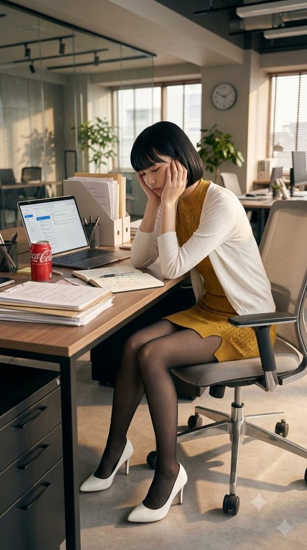 A young woman with short black hair sits at an office desk, resting her head on her hands, looking tired. A laptop, papers, and a can of Coca-Cola are on the desk.