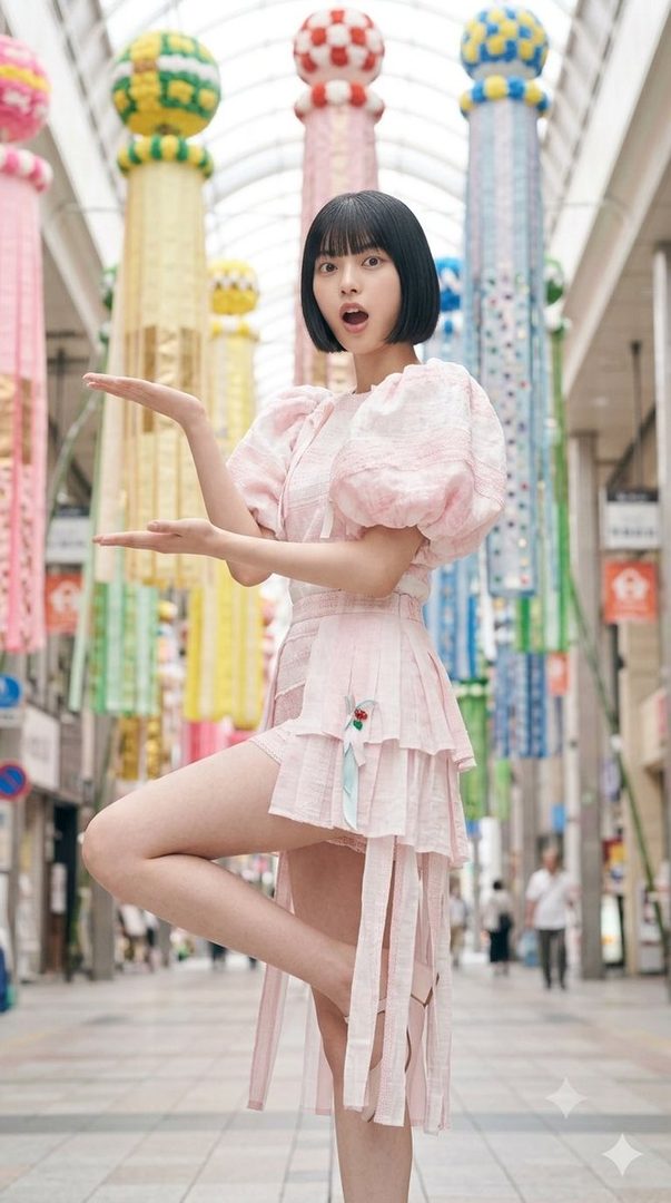 A young woman with short black hair and bangs, wearing a pink dress, poses playfully on a street decorated with colorful Tanabata streamers.