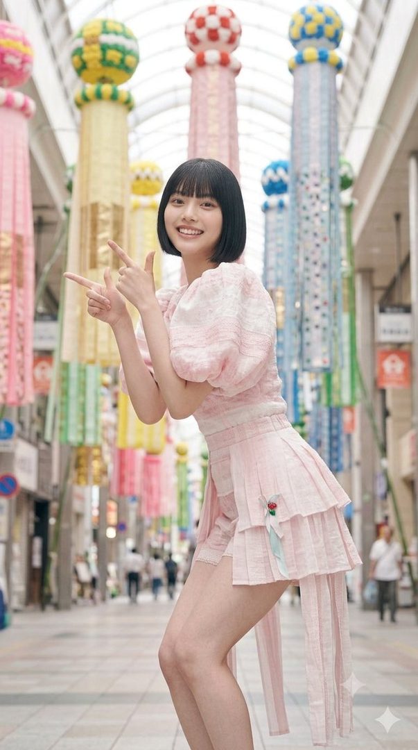 A young Japanese woman with short black hair and bangs, wearing a pink puff-sleeve blouse and a tiered pink skirt, poses playfully on a street decorated with colorful Tanabata streamers.