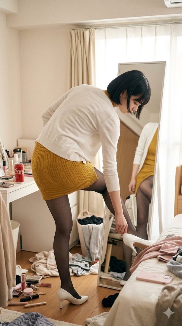 A young woman in a yellow knit mini dress and white cardigan puts on white heels in a messy bedroom, reflected in a mirror.