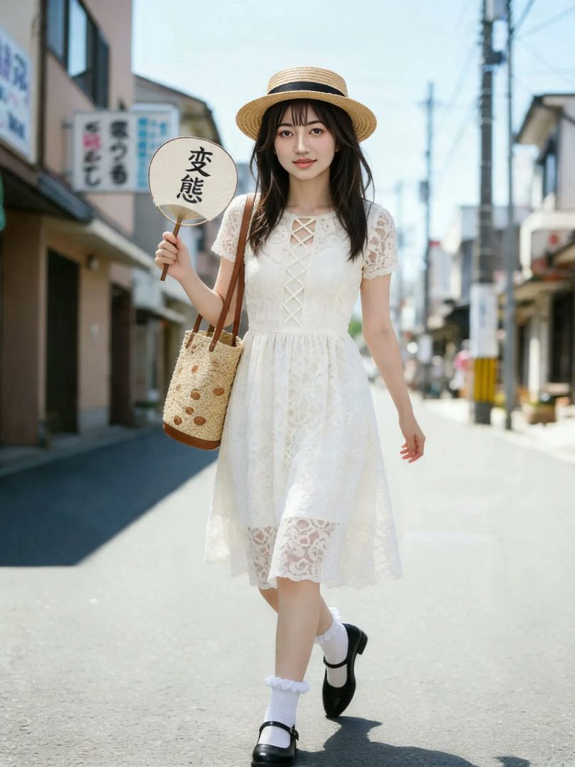 A young woman in a white lace dress and straw hat walks down a street, holding a fan.