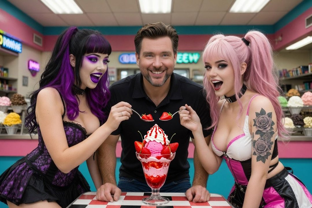 A man smiles between two women with colorful hair, one purple and one pink, as they all eat a strawberry sundae in an ice cream parlor.