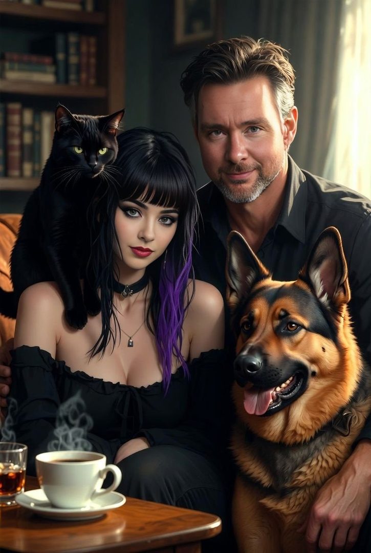 A photorealistic portrait of a young woman with black and purple hair and a man with graying hair, posing with a black cat and a German Shepherd dog in a cozy indoor setting.
