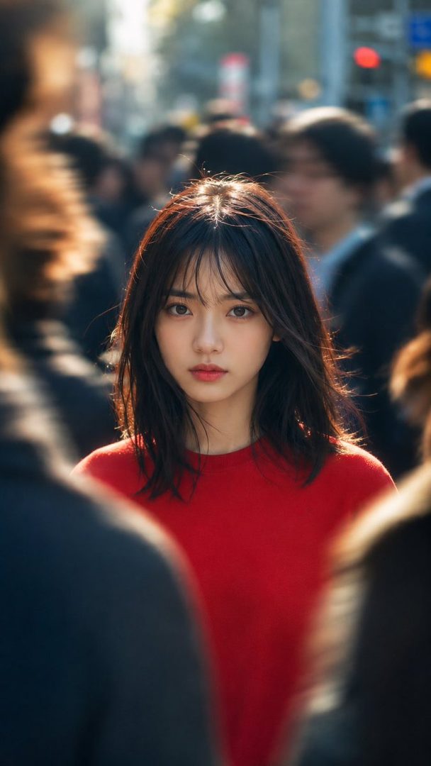 A young woman with dark hair and bangs, wearing a red sweater, stands in a crowded street, looking directly at the viewer.
