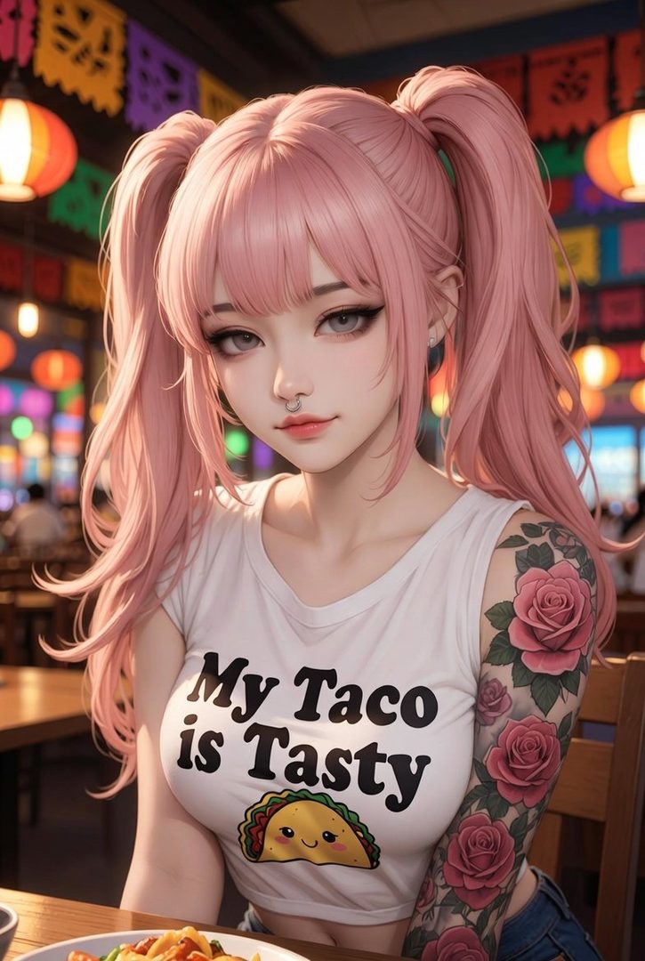A young woman with pink twintails and a nose ring, wearing a white tank top with a taco graphic, sits indoors with a tattoo on her arm.