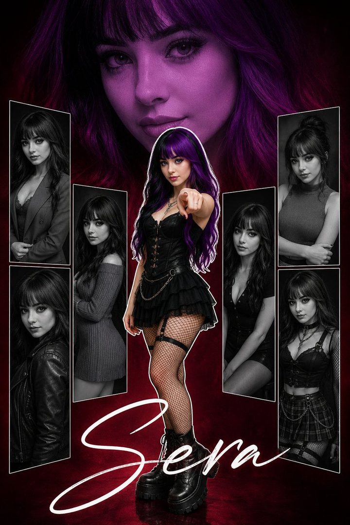 A young woman with purple-streaked black hair, wearing a black corset, short skirt, fishnet stockings, and platform boots, points at the viewer. She is surrounded by smaller portraits of herself in various outfits.