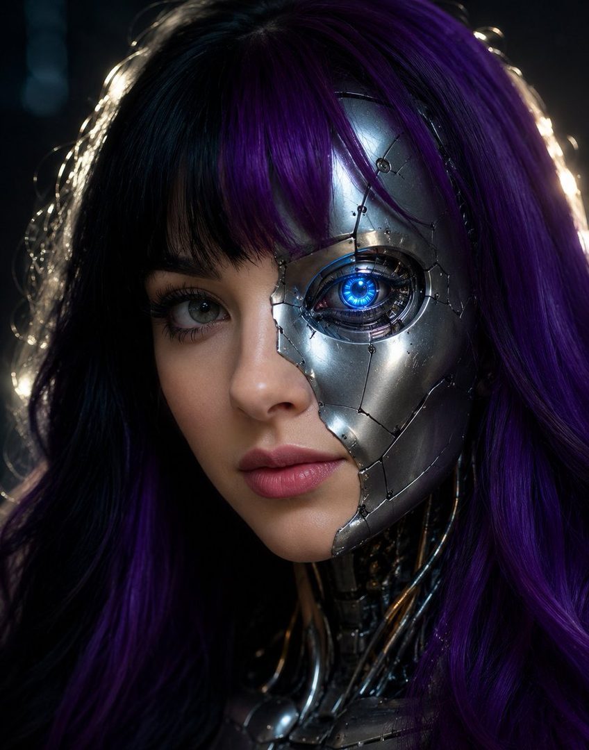 Photorealistic portrait of a cyborg woman with black and purple hair, half of her face is metallic with a glowing blue eye.