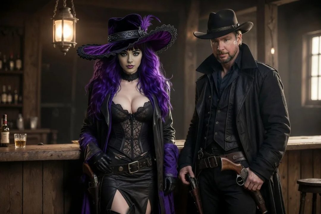 A gothic western couple, a woman with purple hair and a man in cowboy attire, stand in a dimly lit saloon.