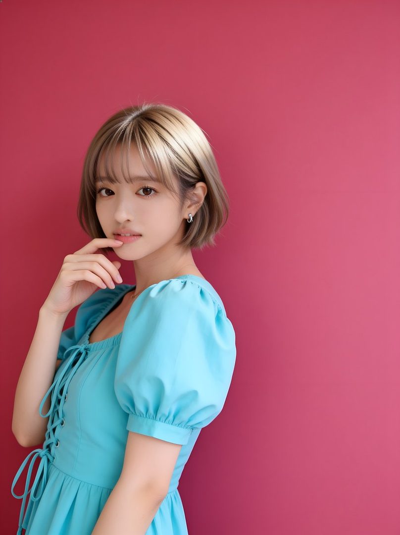 A young woman with short blonde hair and bangs, wearing a blue puff-sleeve dress, poses against a pink background.