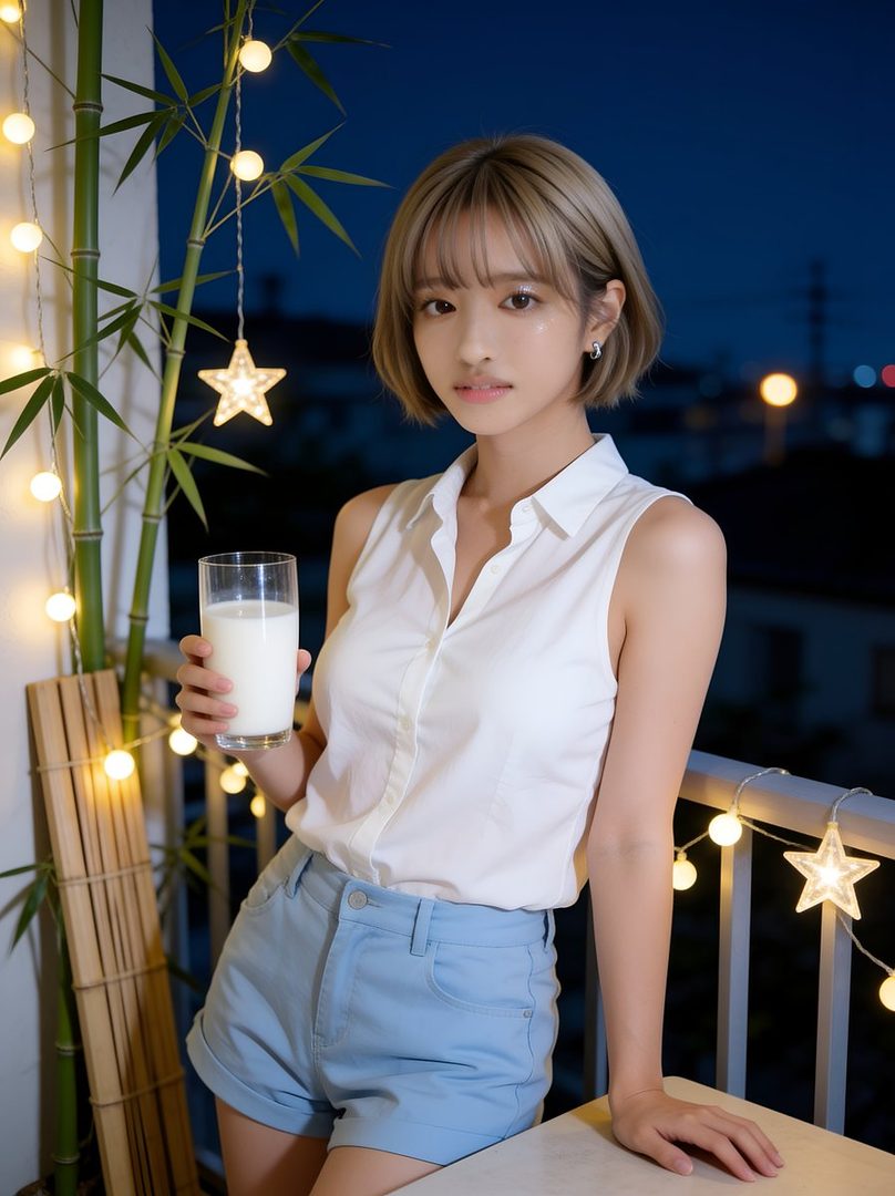 A young East Asian woman with short blonde hair, wearing a white sleeveless shirt and blue shorts, holds a glass of milk while standing outdoors at night with decorative lights.