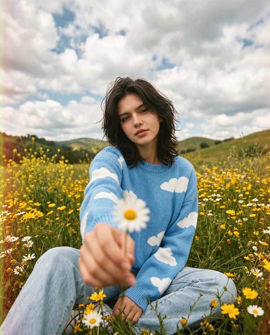 A young woman with dark, messy hair sits in a field of yellow wildflowers, holding a daisy towards the camera. She wears a blue sweater with cloud patterns and denim jeans.