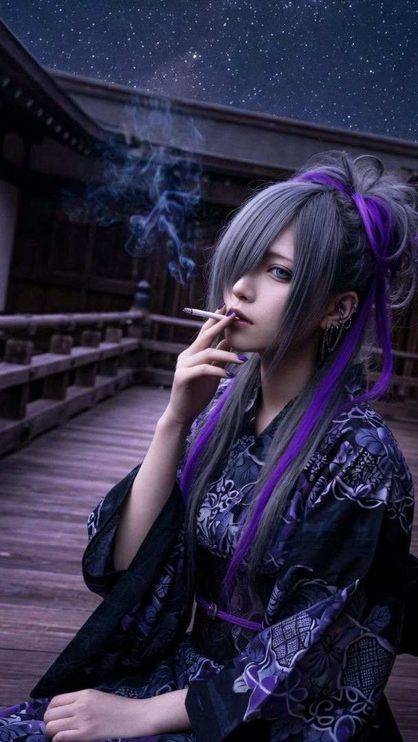 A person with long gray and purple hair wearing a dark kimono, smoking a cigarette under a starry night sky.