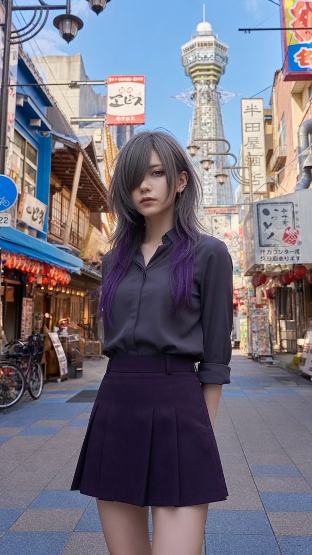 A young woman with long, layered grey hair with purple streaks stands on a street in Japan, wearing a dark button-up shirt and a purple pleated skirt.