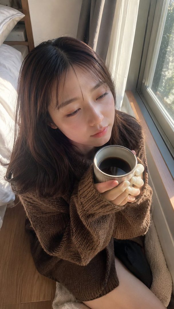 A young woman with long brown hair, wearing a brown sweater, holds a cup of coffee by the window.