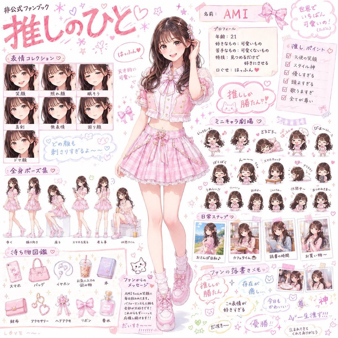 An anime-style character sheet featuring a young woman named Ami in various poses and expressions, wearing a pink plaid skirt and top.