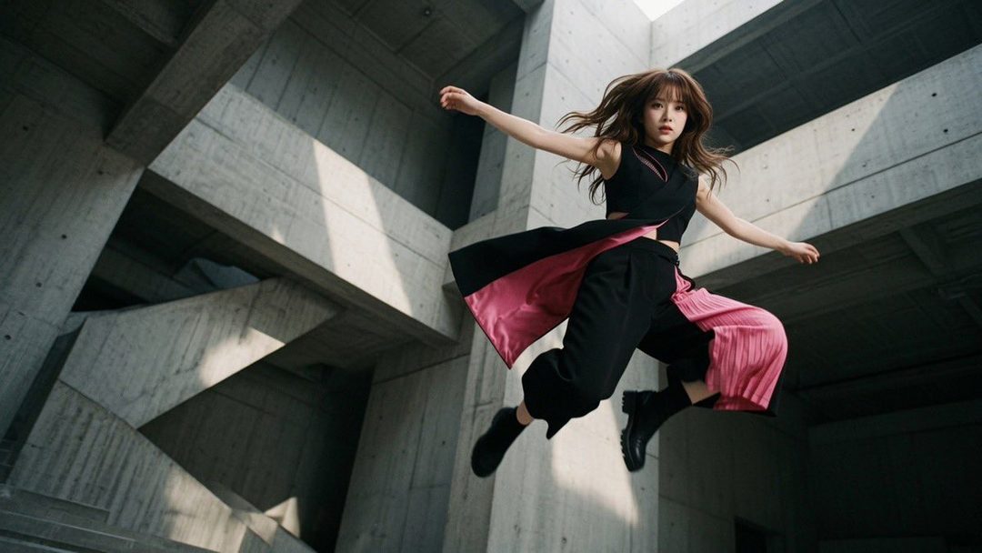 A young woman in a black and pink outfit leaps dynamically in an urban concrete environment.