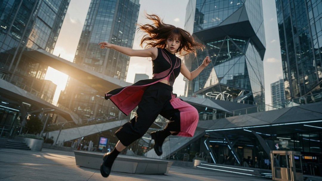 A young woman in a stylish black and pink outfit leaps dynamically in a modern city square, with skyscrapers in the background and sunlight glinting.