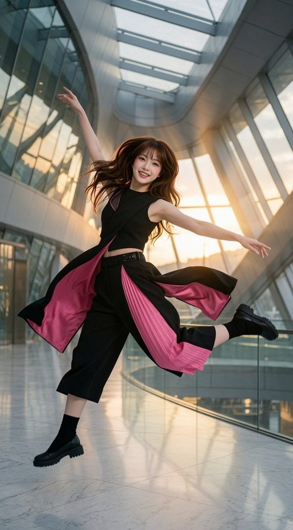 A young woman with long brown hair jumps in the air, wearing a black sleeveless top and wide-leg pants with pink pleated accents, in a modern indoor architectural space.