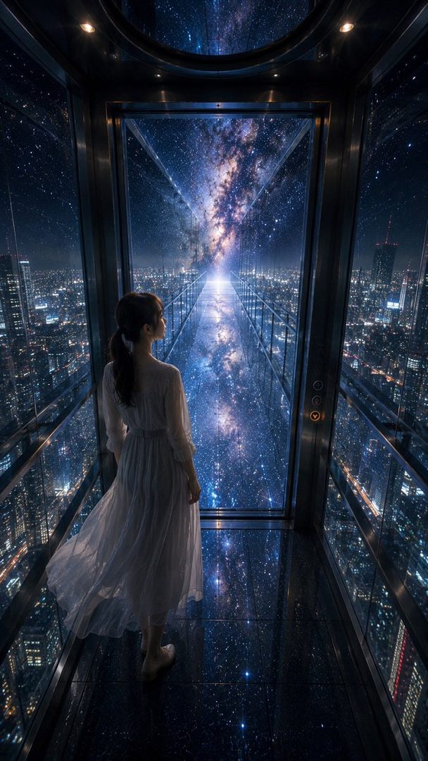 A woman in a white dress stands in a futuristic elevator, looking out at a cityscape merging with a starry galaxy.