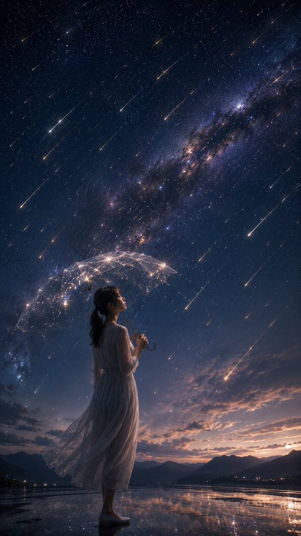 A young woman with a ponytail stands under a starry sky with a glowing umbrella, looking up at a meteor shower.