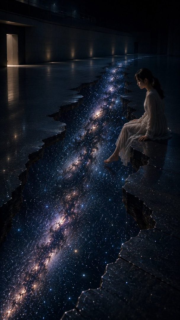 A young woman with dark hair tied in a ponytail, wearing a light-colored dress, sits on the edge of a dark floor, looking down at a crack filled with a starry galaxy.