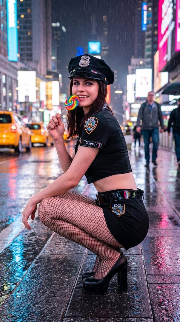 A woman in a police costume with fishnet stockings and heels, holding a lollipop on a rainy city street at night.