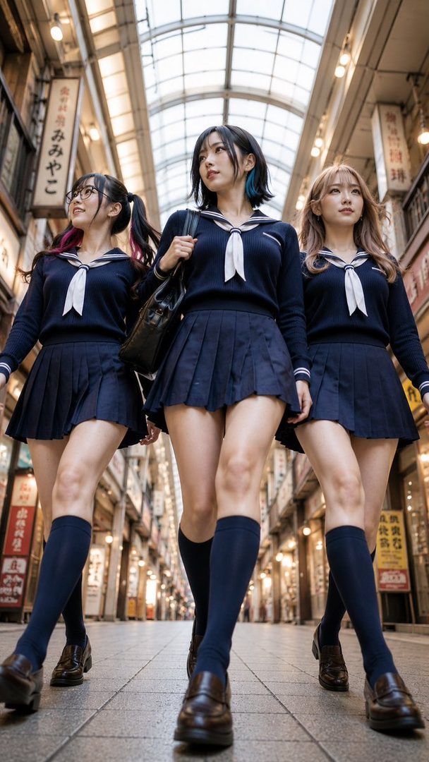 Three young women in Japanese school uniforms walk confidently down a covered shopping street, with one wearing glasses and another having blue highlights in her hair.