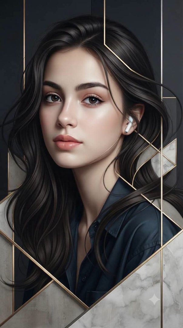 A photorealistic portrait of a young woman with long, dark hair, wearing a dark blue blouse and white earbuds, against a dark background with geometric accents.