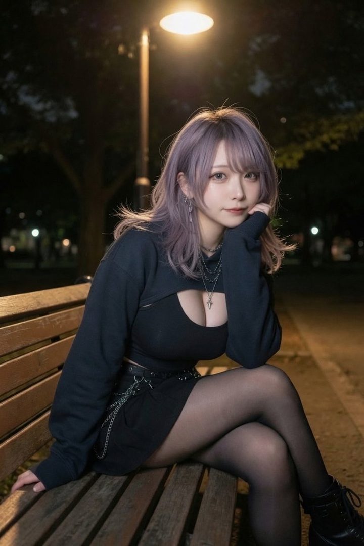 A young woman with purple hair sits on a park bench at night, wearing a black crop top and skirt, with a street lamp illuminating the scene.