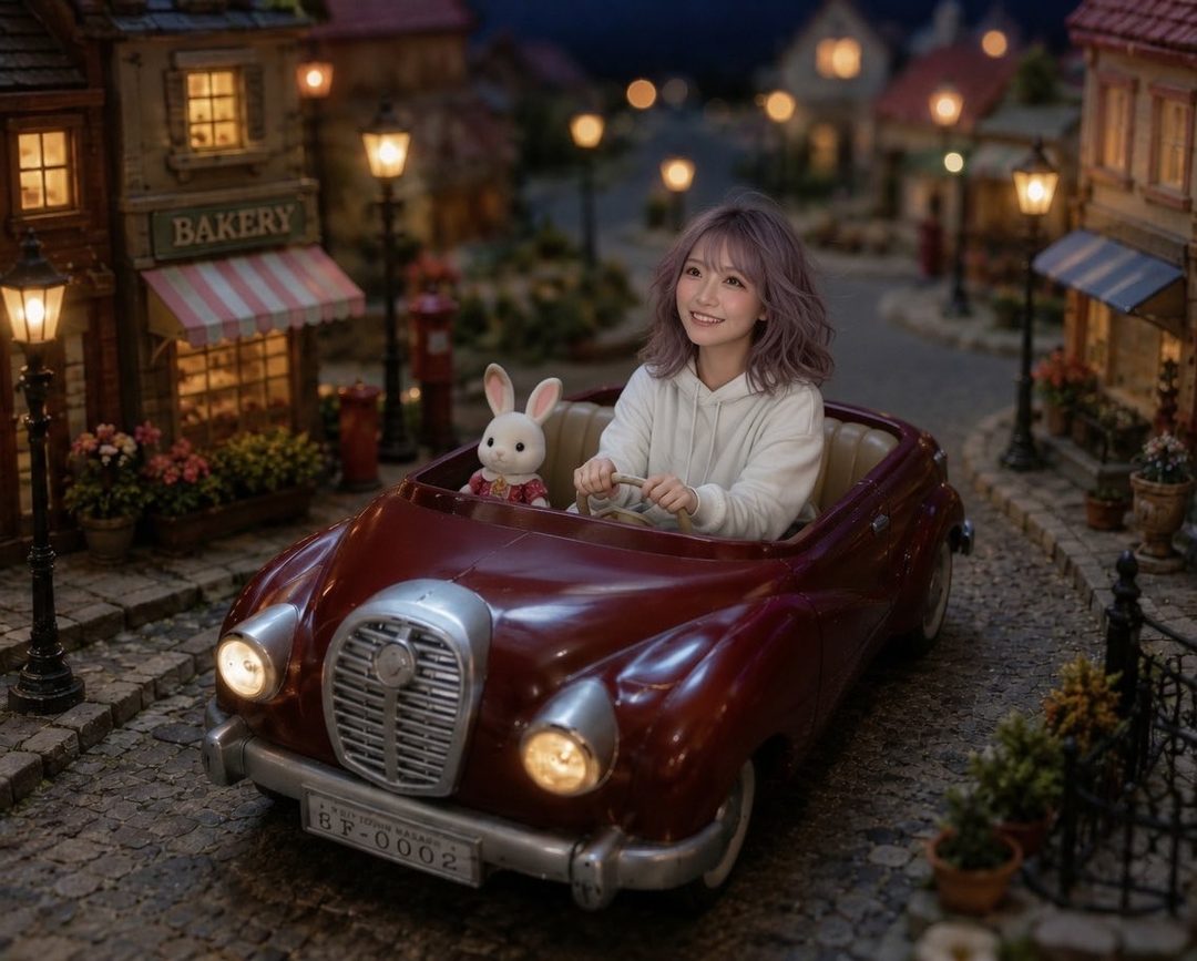 A young woman with purple hair smiles while sitting in a vintage red convertible, holding a stuffed bunny, in a miniature town setting at night.