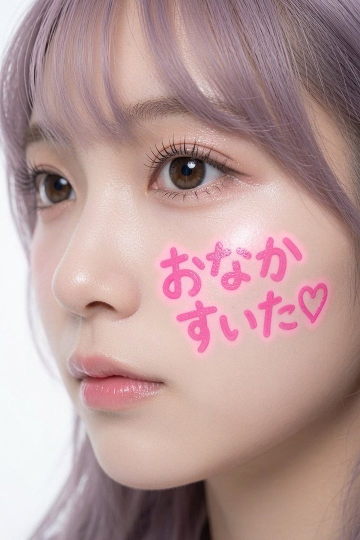 Close-up portrait of a young East Asian woman with purple hair and bangs, looking to the side with a soft expression. Pink Japanese text reading 'I'm hungry ♡' is written on her cheek.