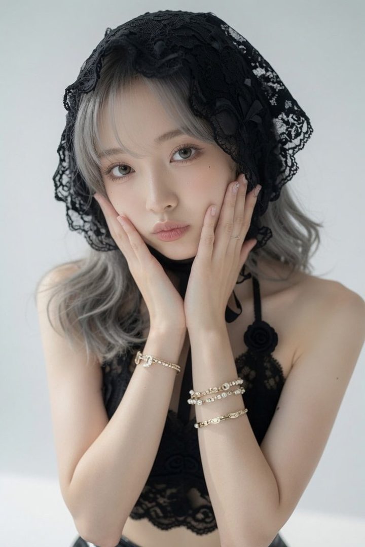 A young woman with silver hair, wearing a black lace outfit and bonnet, poses with her hands on her cheeks.