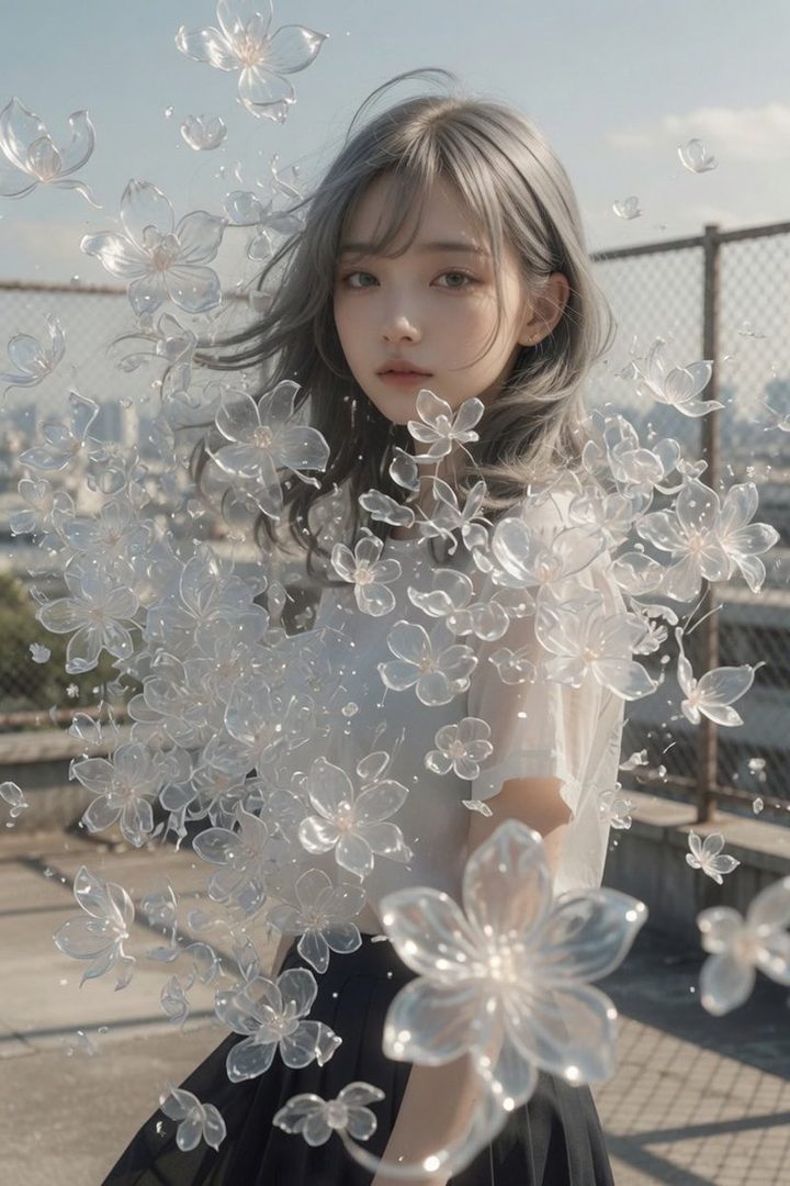 A young woman with long, silver hair and bangs, wearing a white t-shirt and black skirt, stands on a rooftop surrounded by translucent flowers.