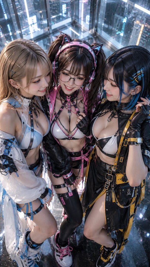 Three women in futuristic, cyberpunk-inspired outfits with harnesses and crop tops pose together in a high-rise setting with city lights in the background.