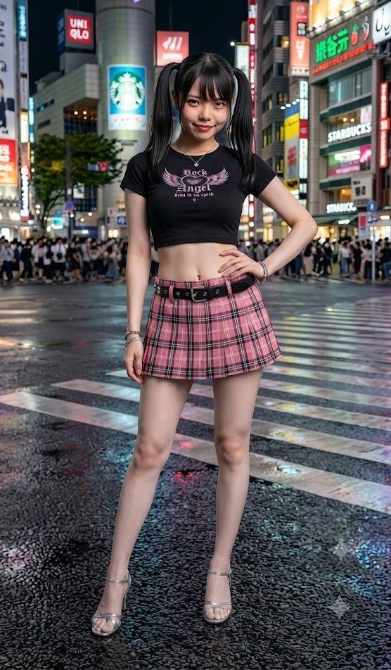A young woman with black pigtails poses on a wet city street at night, wearing a black crop top and a pink plaid mini skirt.