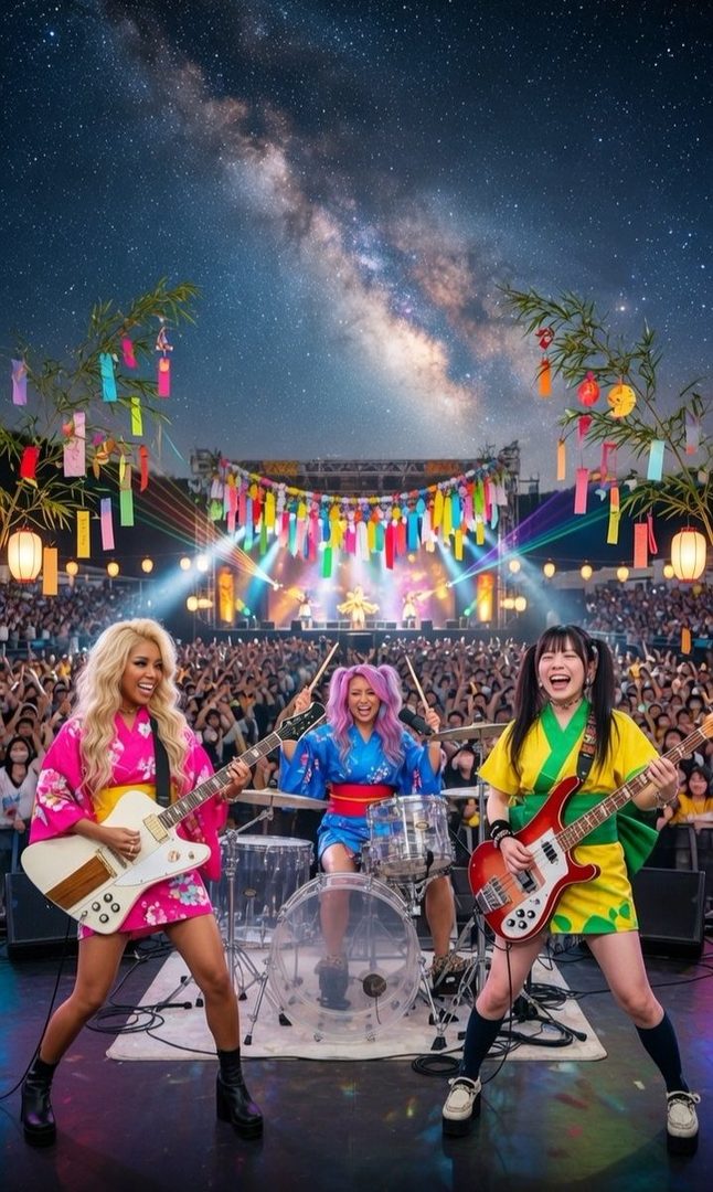 Three young women playing musical instruments on a stage at night, with a starry sky and festival decorations.