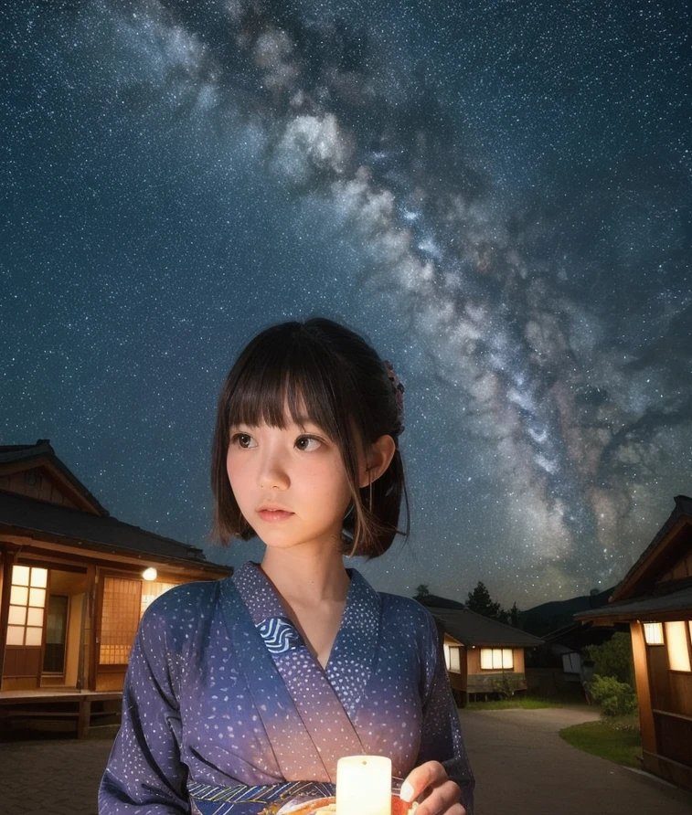A young woman in a yukata holds a candle under a starry night sky with the Milky Way visible.