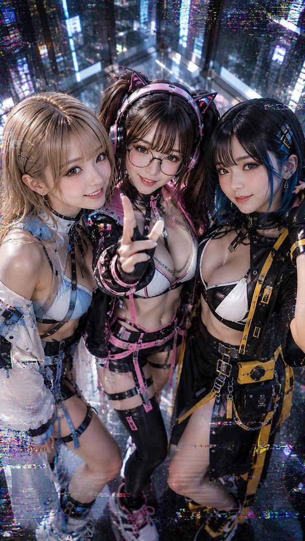 Three anime-style women in cyberpunk outfits pose in a futuristic city, with one wearing cat ear headphones and glasses.
