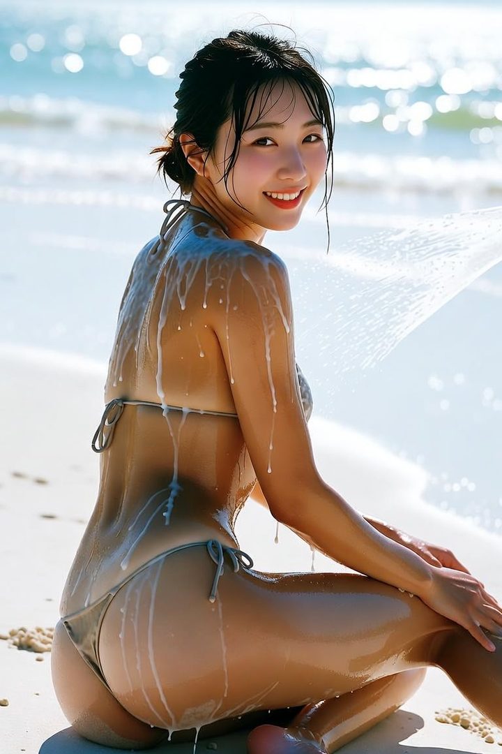 A young woman in a bikini sits on a beach, with water or lotion dripping down her body, smiling at the camera.