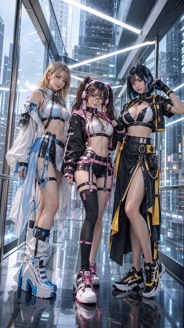 Three anime-style women in futuristic, edgy outfits with harness details and crop tops stand in a cyberpunk city setting.