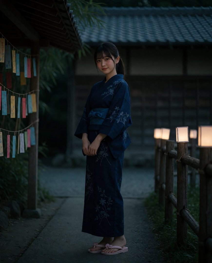 A young Japanese woman in a dark blue yukata with a floral pattern stands on a path at dusk, with traditional Japanese lanterns and hanging wish papers.