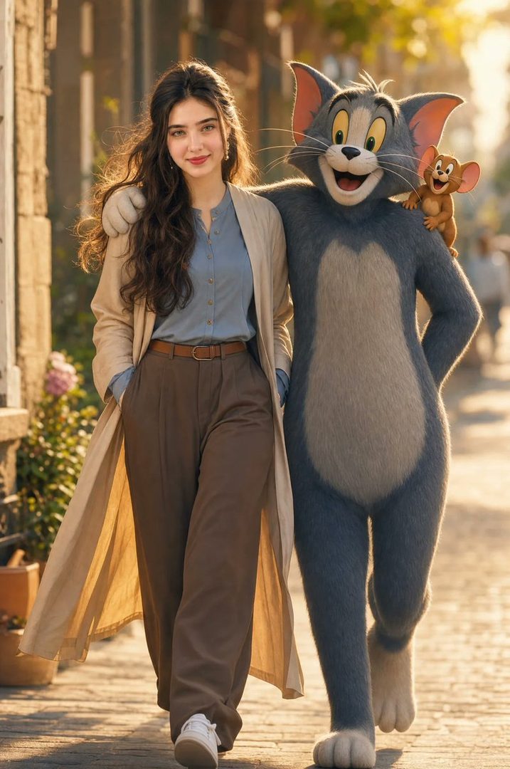 A photorealistic AI-generated image of a young woman walking with Tom and Jerry characters in golden hour lighting.