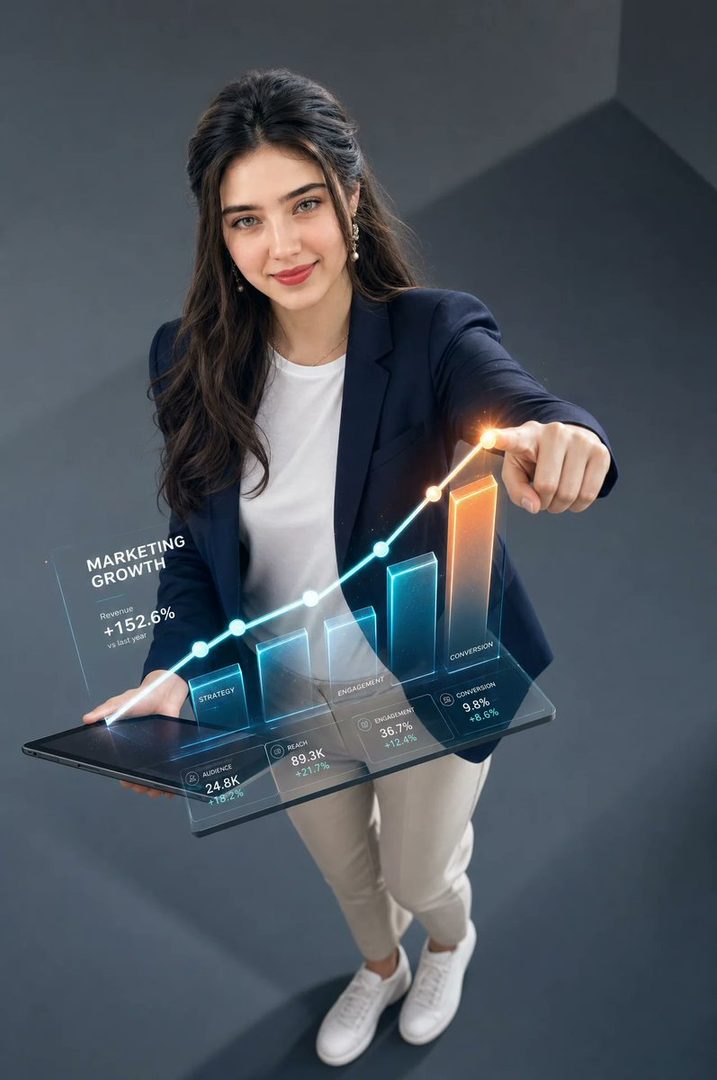 A professional woman in a blazer points to a holographic marketing growth chart emerging from a tablet.