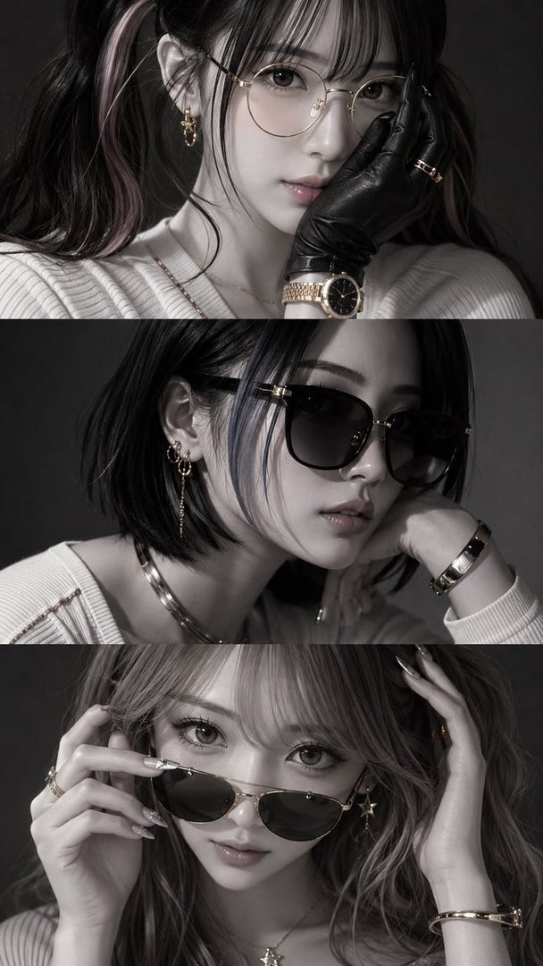 A triptych of three women, each wearing different hairstyles and eyewear, showcasing various fashion accessories in a stylish, monochromatic setting.
